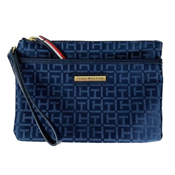 Tommy Hilfiger Womens Wristlet Makeup Bag Wallet Navy Blue TH Monogram Jacquard - Picture 1 of 11